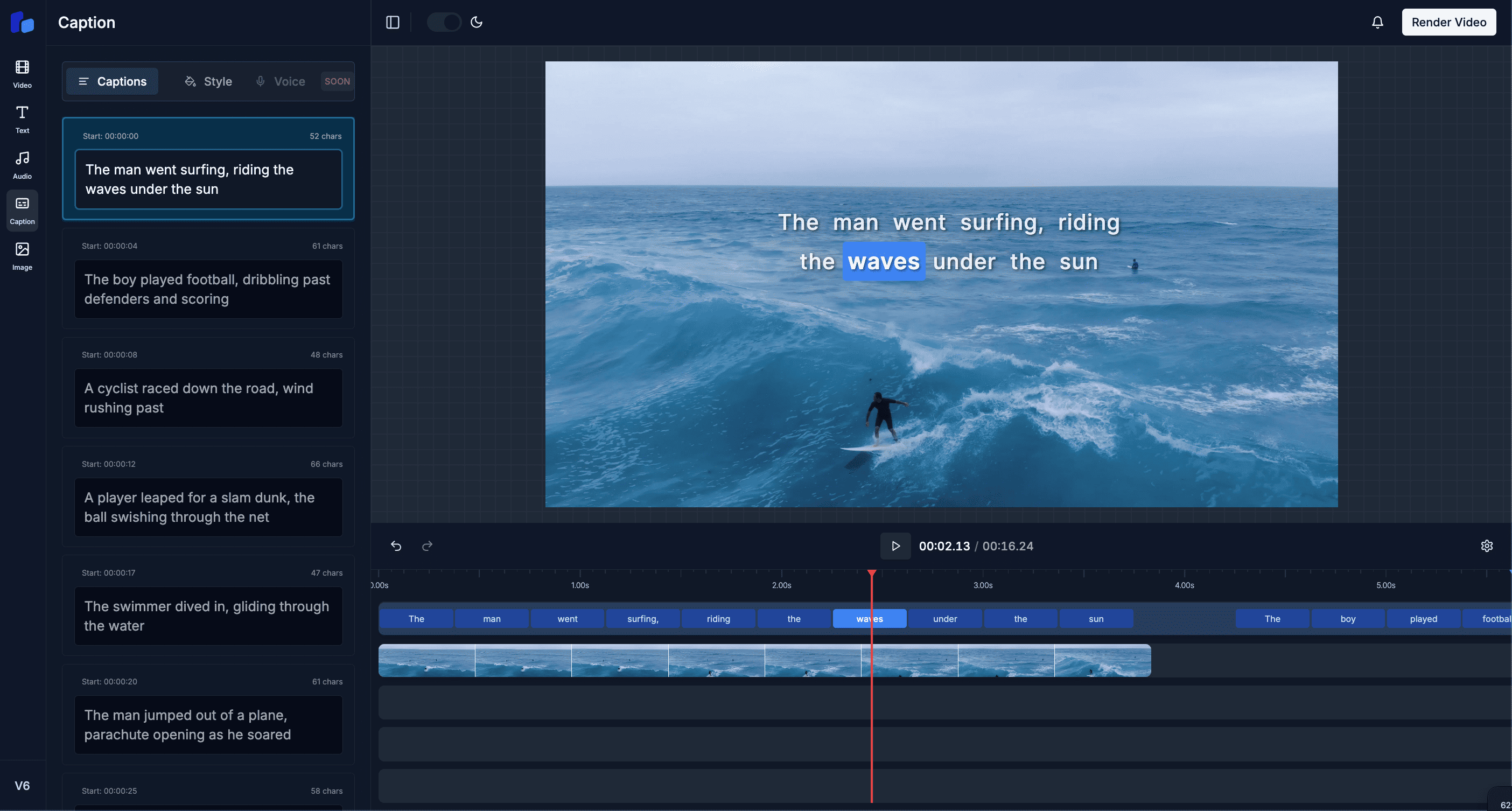 Caption editor interface showing editing captions and text input