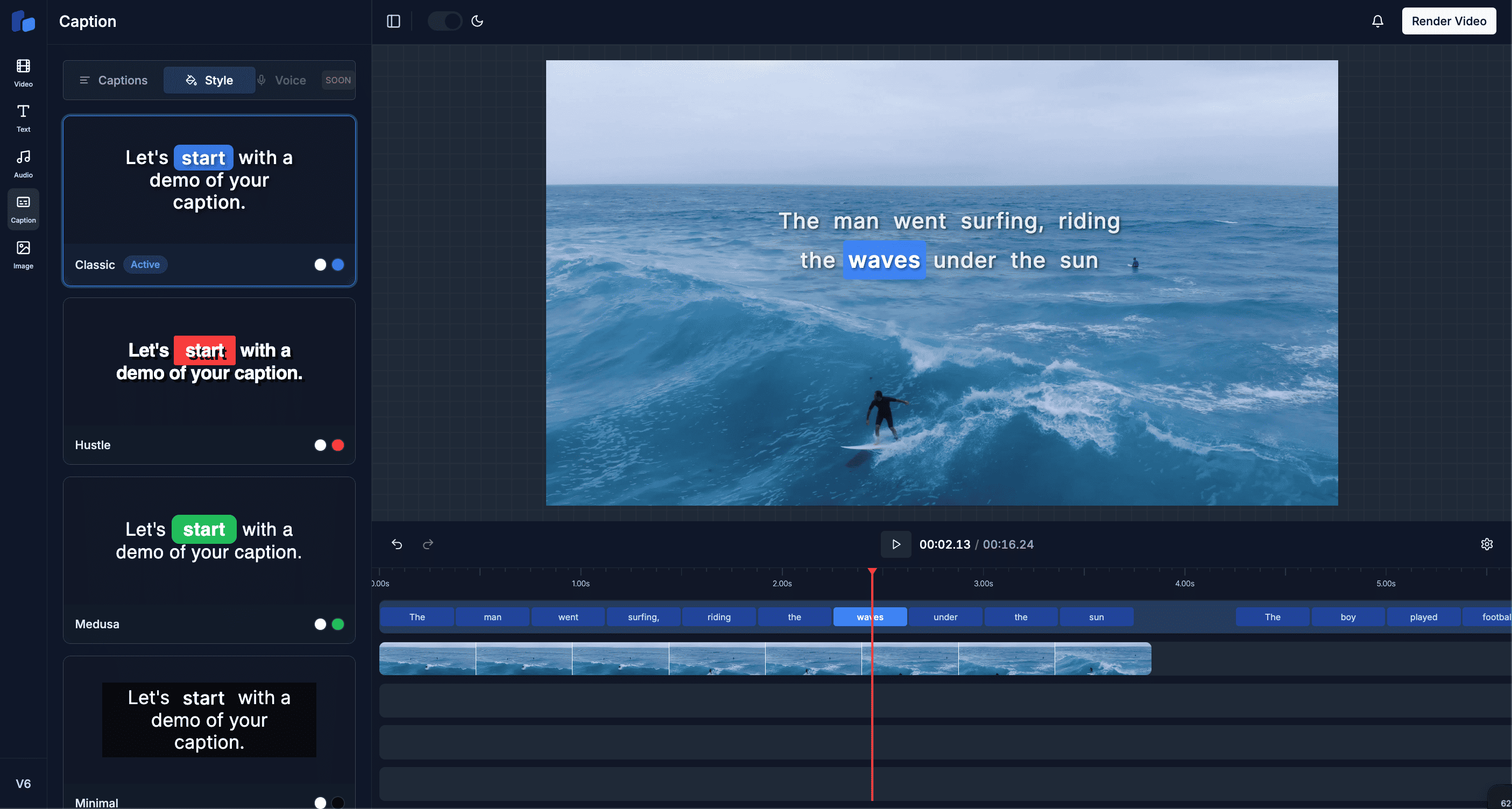 Caption editor interface showing styling captions