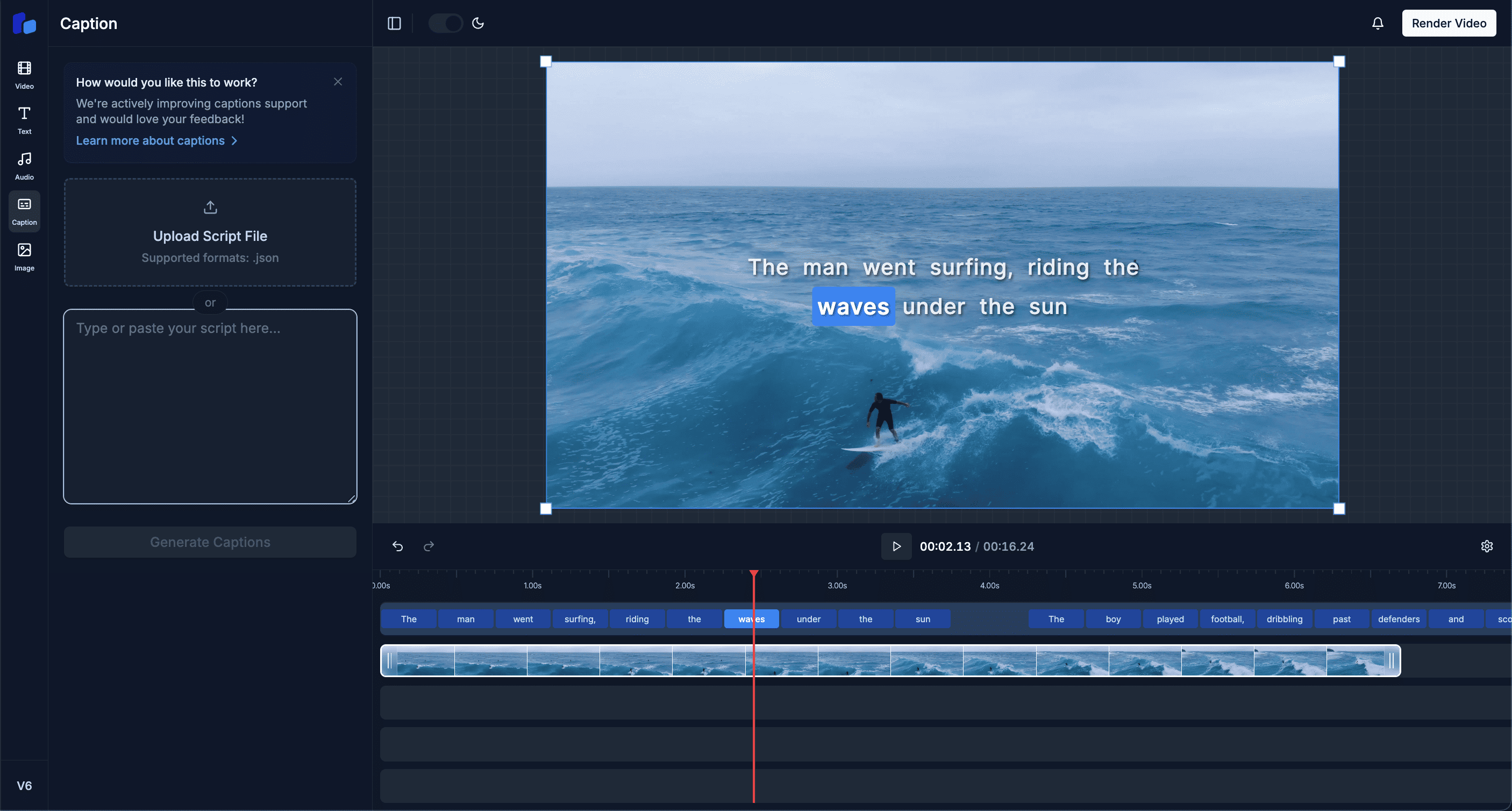 Caption editor interface showing uploading and adding captions