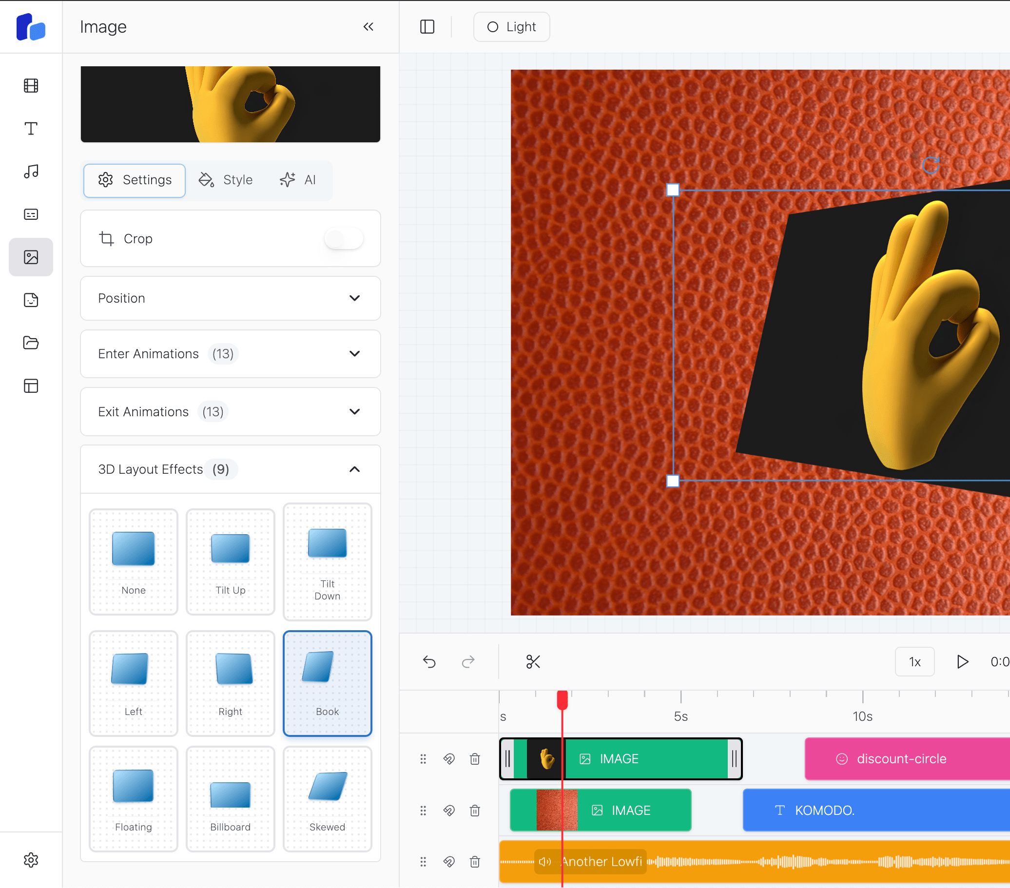 Video editor showing 3D transformation effects with perspective and rotation controls on video overlays