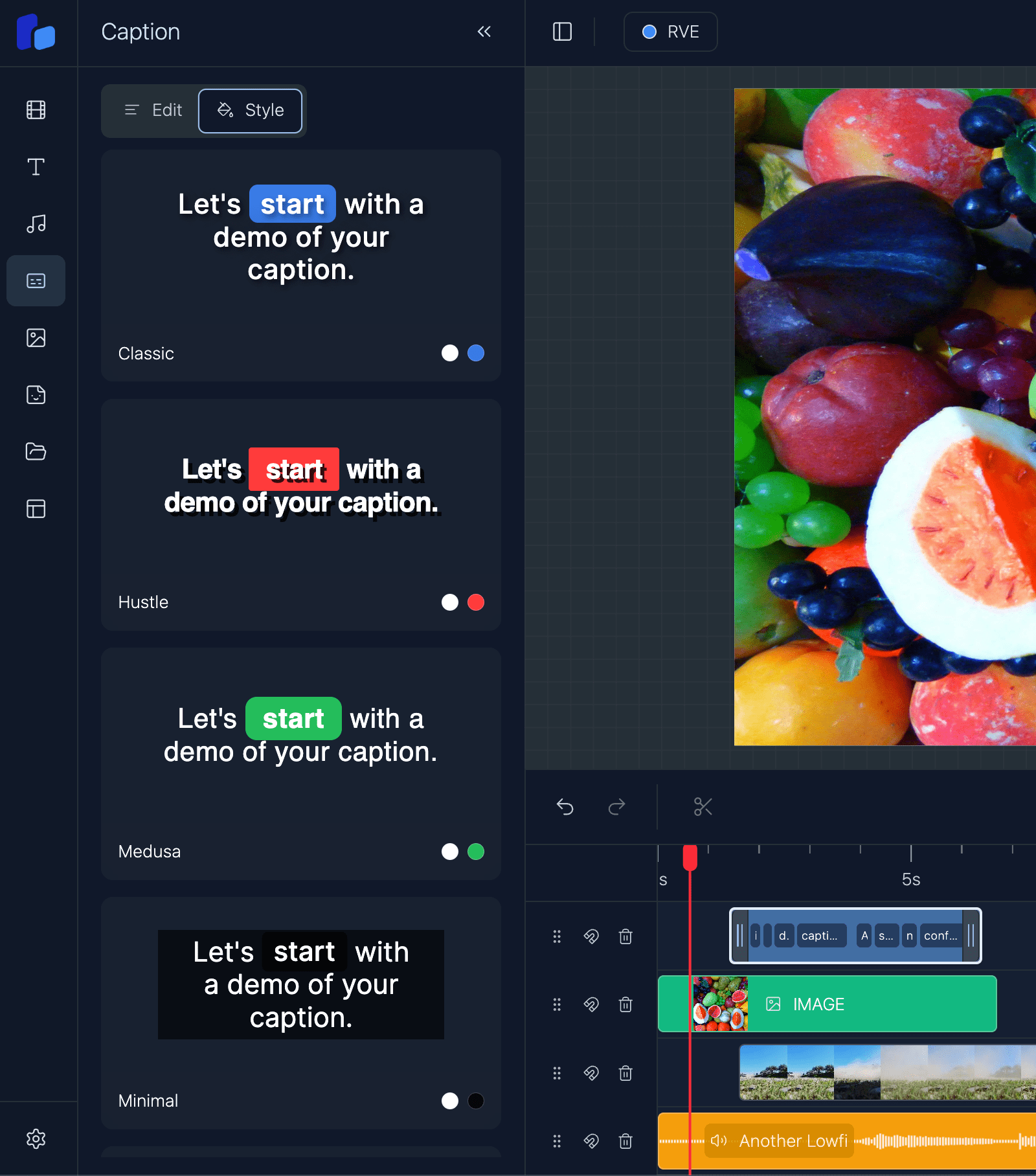 Video caption editor interface with customizable subtitle positioning and styling options