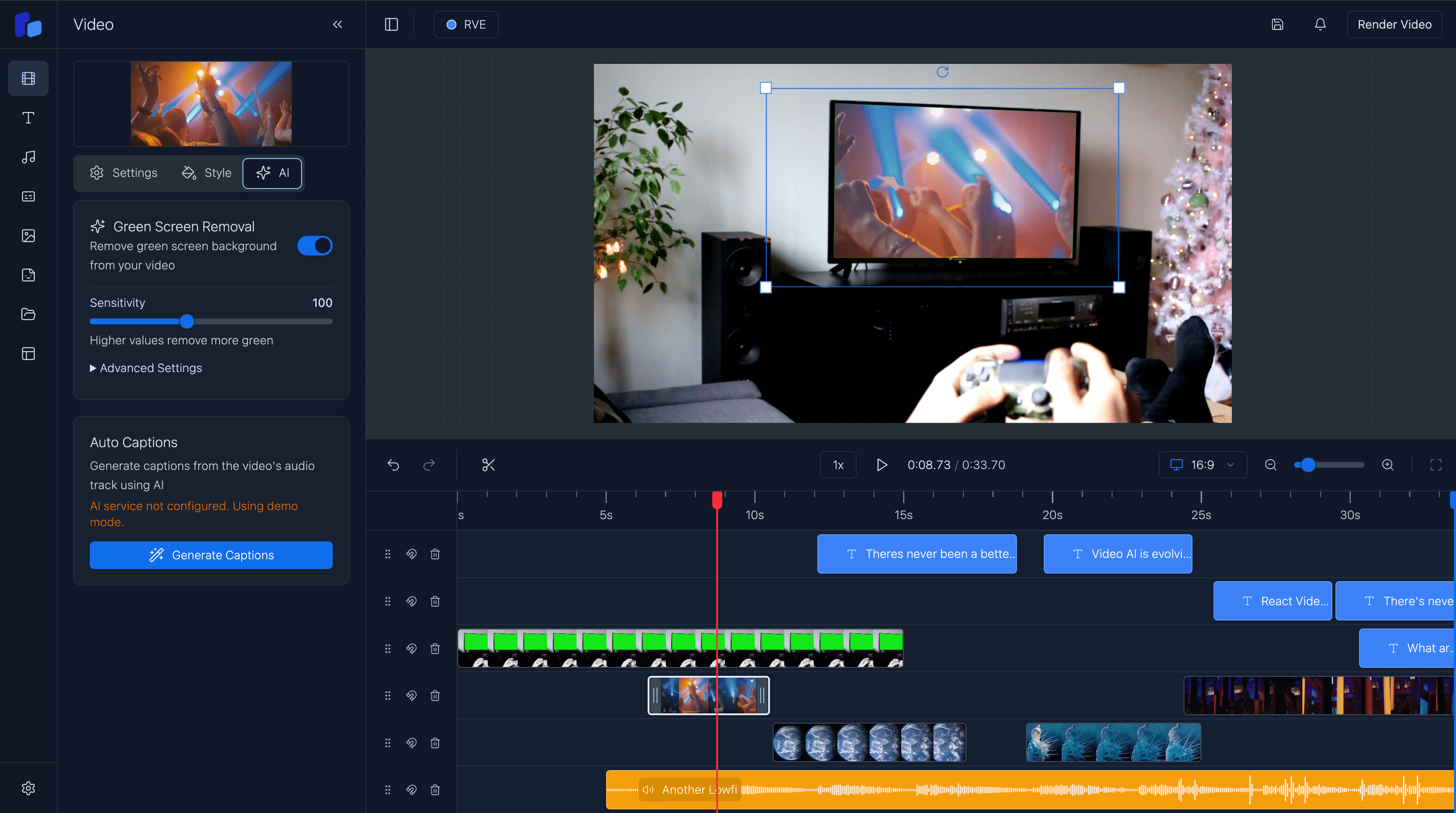 Video editor with AI-powered greenscreen removal and subtitle generation capabilities